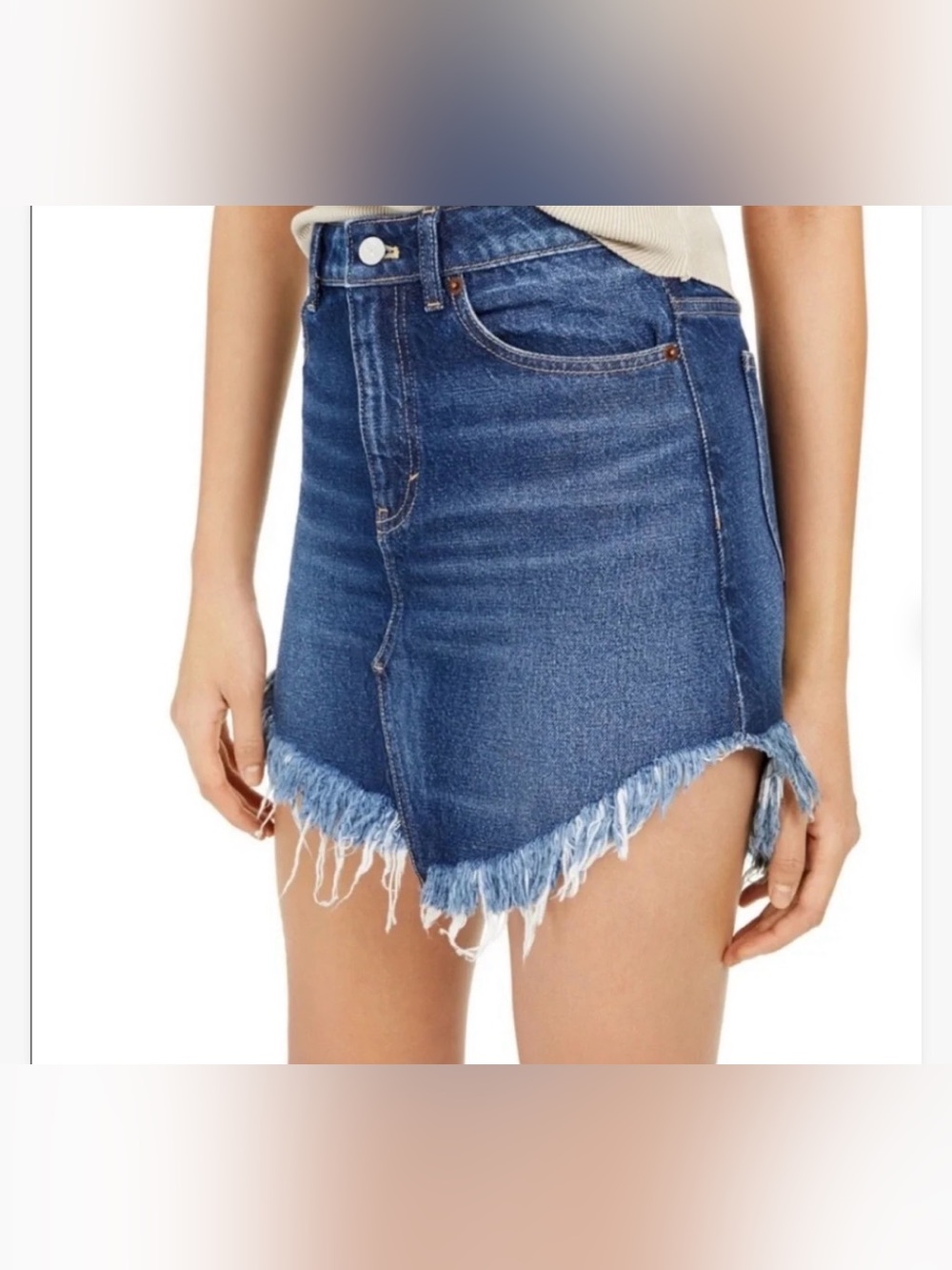 NEW FP We The Free Bailey Denim Blue Jean Skirt STATEMENT RAW ROUNDED HEM SZ 24 - Picture 4 of 11